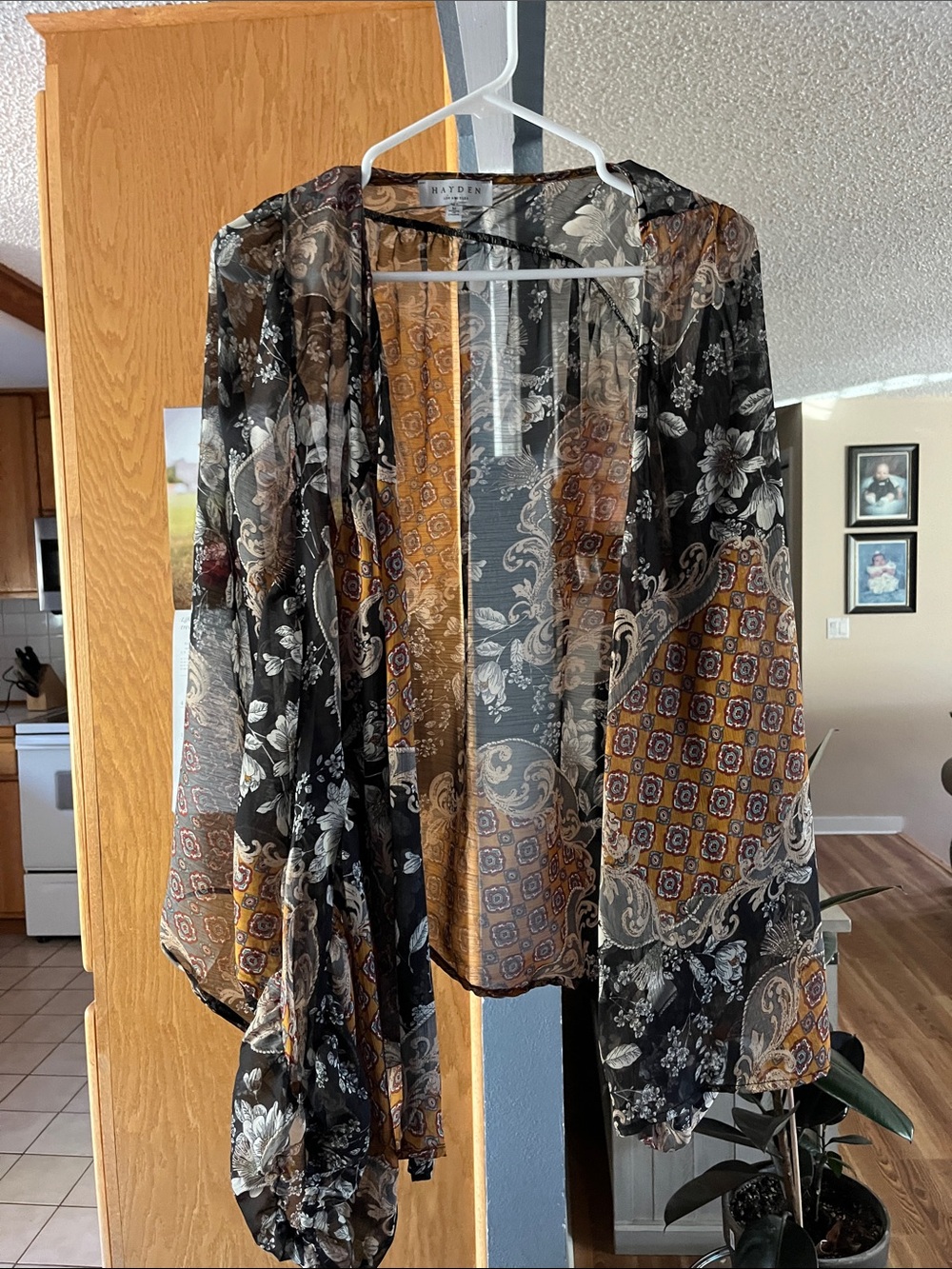 Sheer Floral & Paisley Open-Front Kimono Jacket in Black and Mustard - Picture 2 of 2